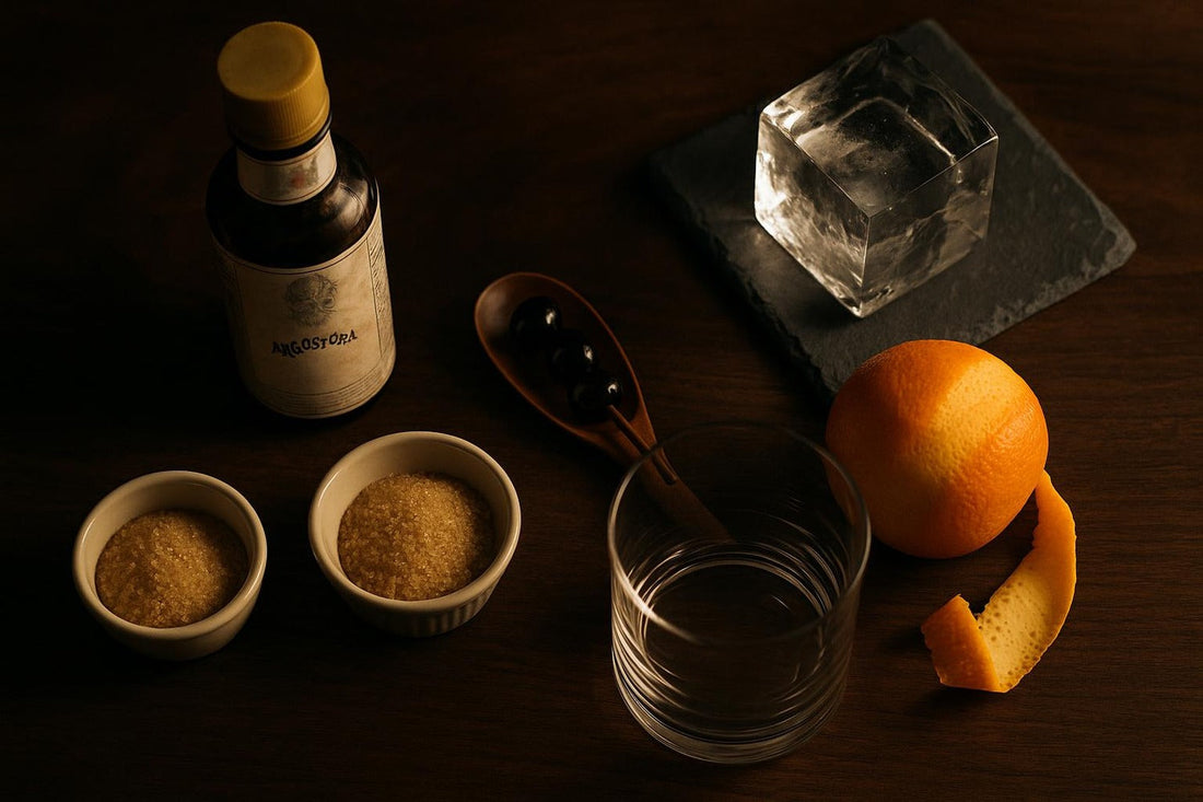 Six core Old Fashioned ingredients laid out on dark walnut — bitters, sugar, cherries, ice, glass, orange