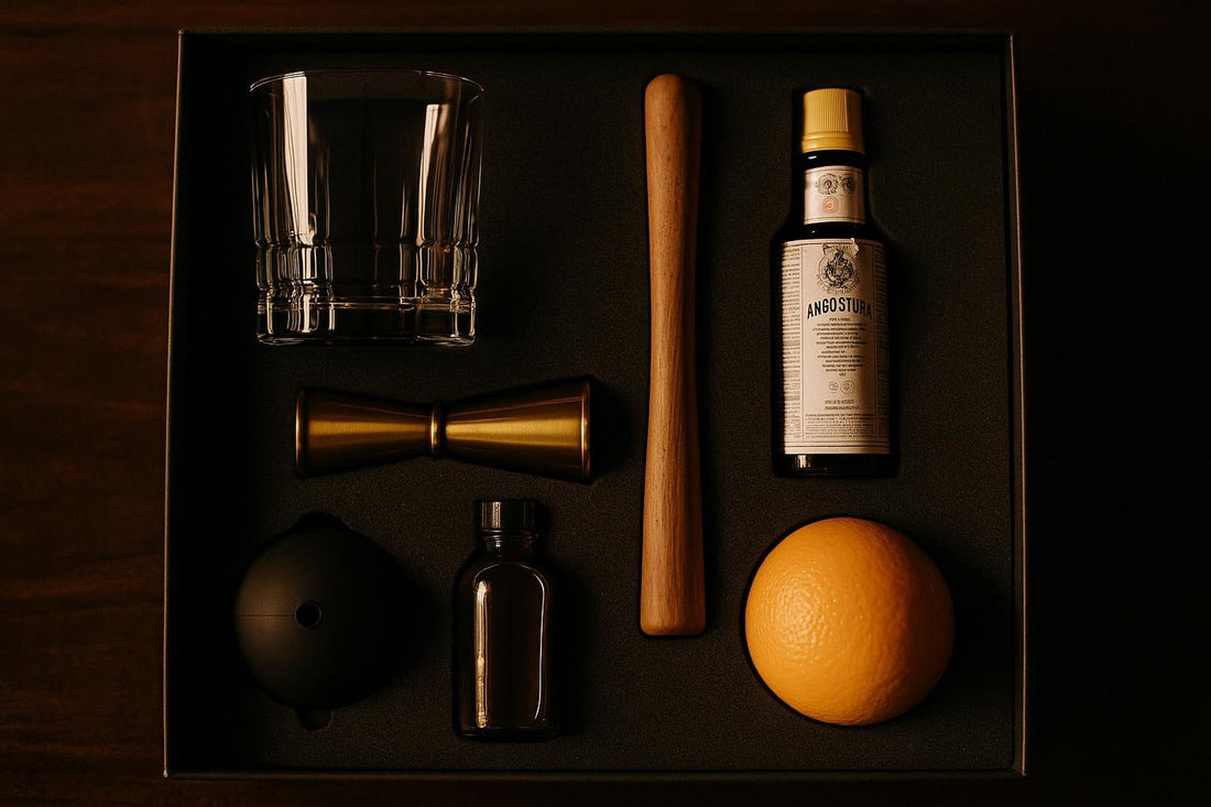 Old Fashioned kit gift contents — glass, muddler, jigger, bitters, syrup, ice mold, orange — on dark walnut