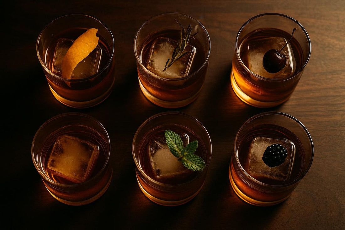 Six Old Fashioned cocktail variations arranged on a dark walnut bar — RyeCentral Recipe Room hero