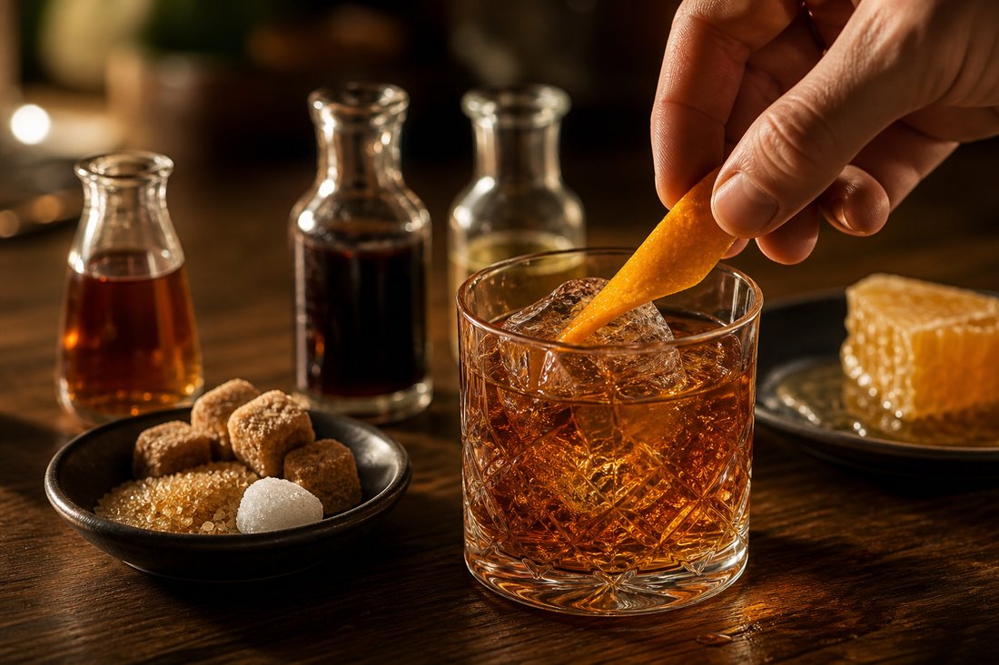Old Fashioned cocktail on a warm home bar with demerara syrup and sugar cube cues for a sweetener guide.