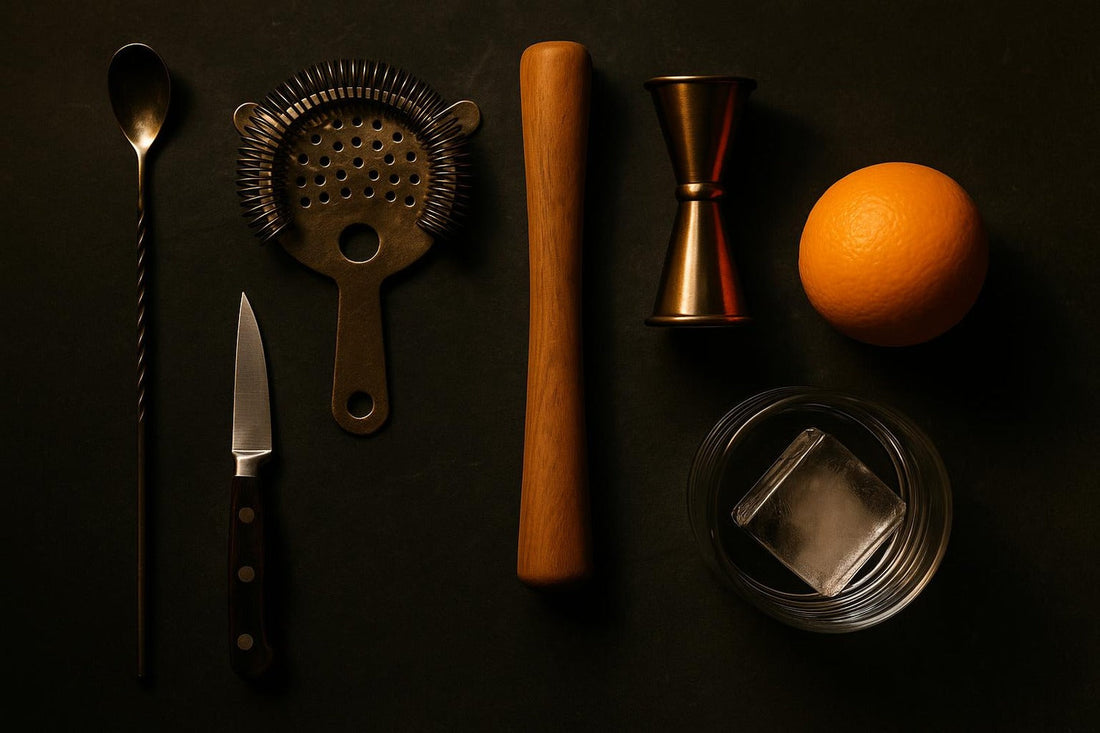 Bartending tools — muddler, jigger, bar spoon, strainer — laid out on dark slate