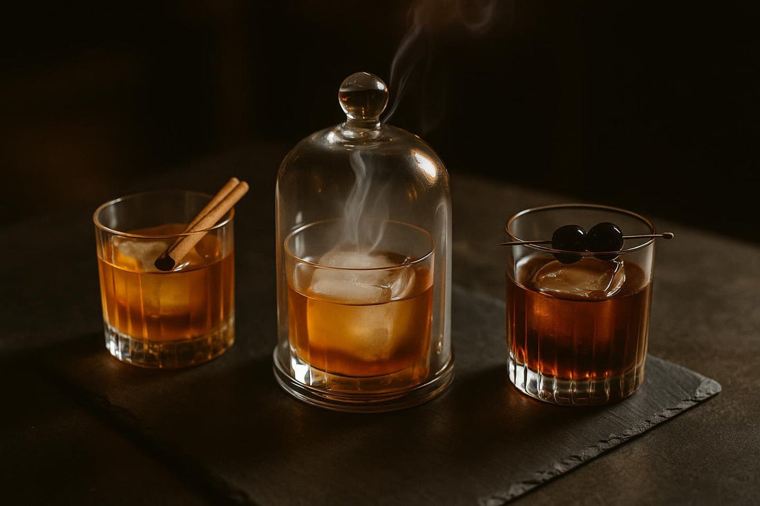 Three Old Fashioned variations — maple, smoked, cherry — on a dark slate surface