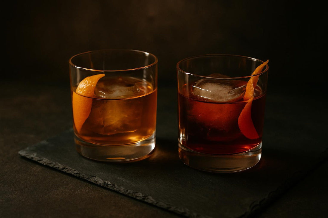 Old Fashioned beside a darker Boulevardier on dark slate — bittersweet whiskey comparison