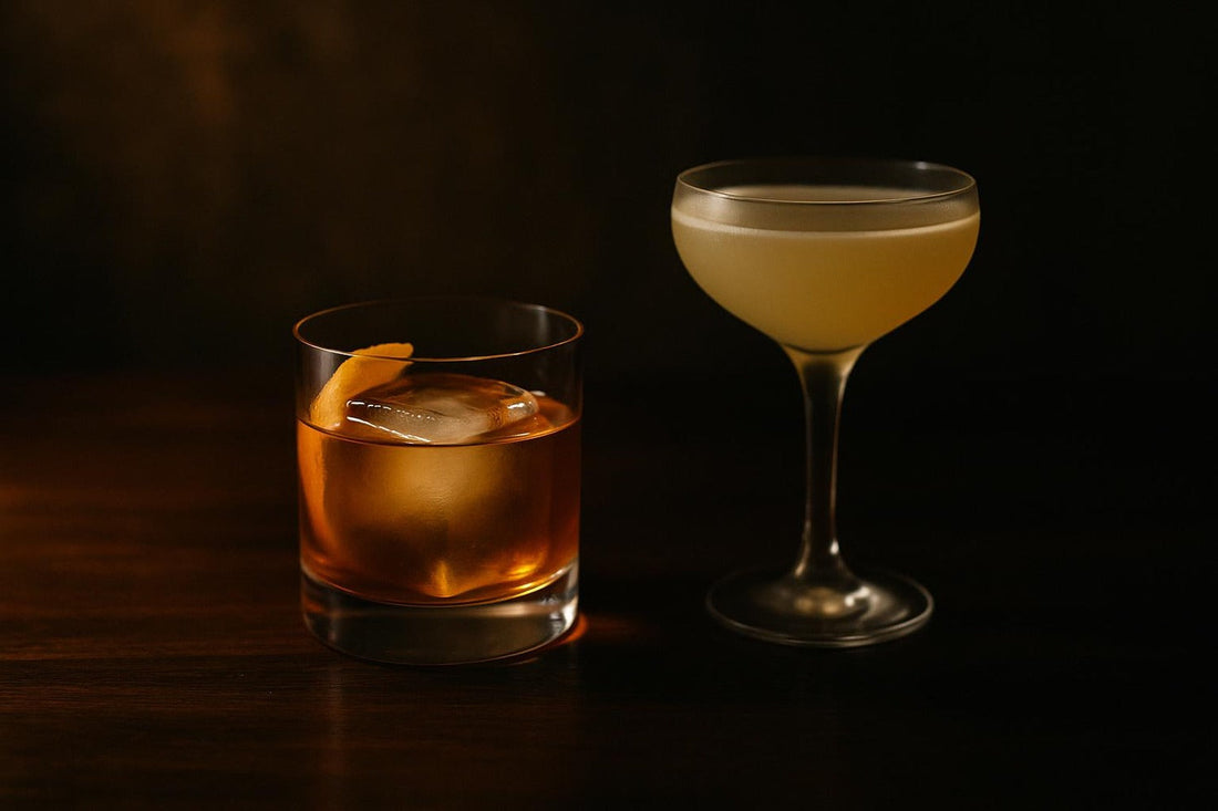 Old Fashioned beside a Daiquiri in coupe — stirred whiskey vs shaken rum