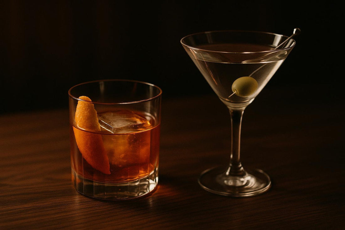 Amber Old Fashioned beside a crystal-clear Martini with olive — two definitive American spirits cocktails