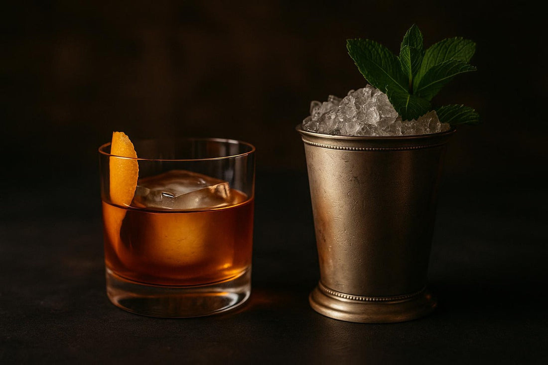 Old Fashioned beside a frosted Mint Julep with mint sprig — Old Fashioned vs Mint Julep