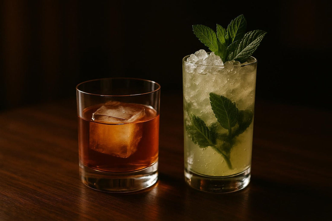 Old Fashioned beside a Mojito with mint and crushed ice — two cocktails from different worlds