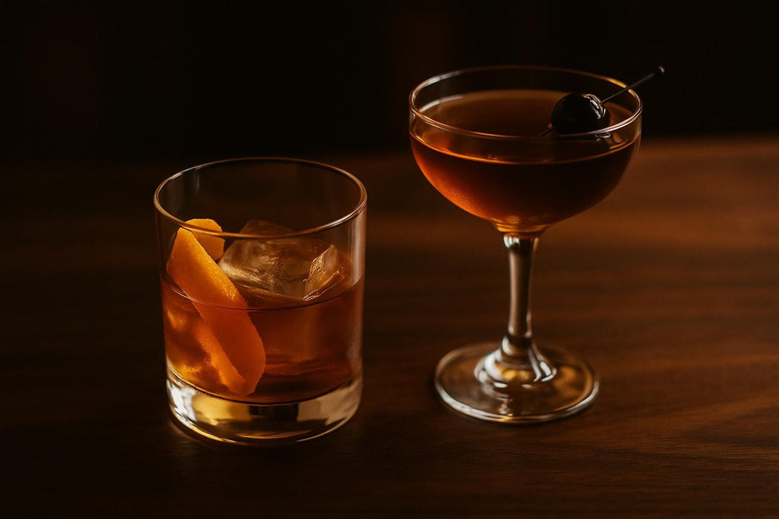 Old Fashioned in rocks glass beside a Rob Roy with brandied cherry — two stirred whiskey classics