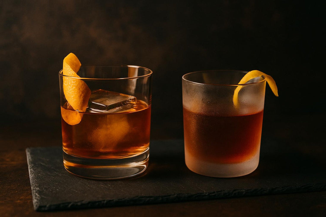Old Fashioned beside a Sazerac on dark slate — two rye originals compared