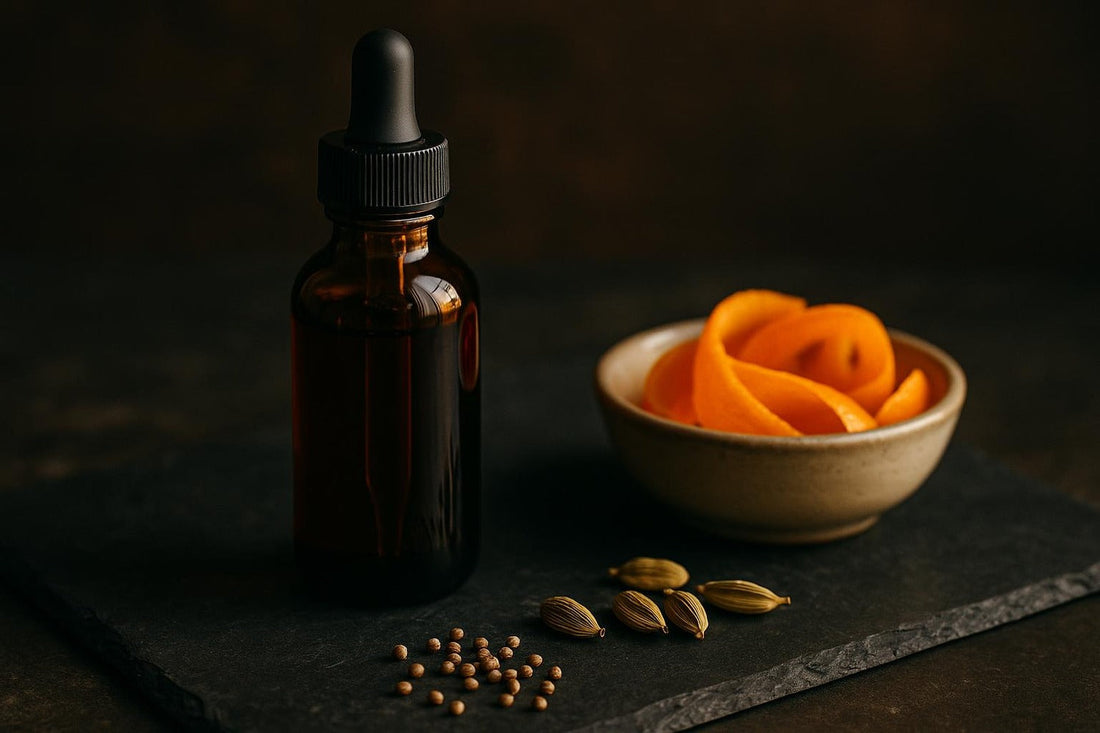 Bottle of orange bitters with fresh orange peel curls and cardamom pods on dark slate