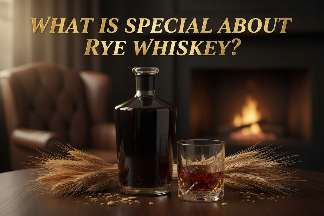 Unmarked bottle of rye whiskey next to glass and fire in background with title text What is special about rye whiskey?