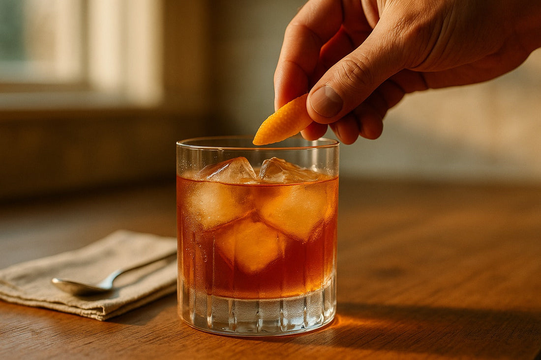 Peach Old Fashioned cocktail served in a rocks glass on a kitchen counter, warm editorial lighting, with a hand visible in the composition