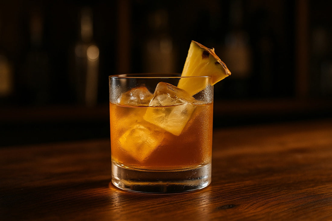 Pineapple Old Fashioned cocktail served in a rocks glass on a home bar, warm editorial lighting