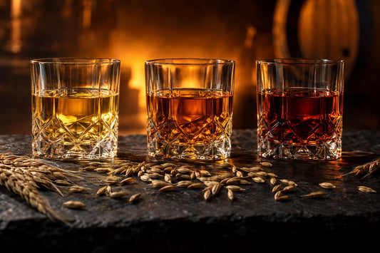 Three glasses of rye whiskey in a row on dark slate, each a different shade of amber, with rye grain scattered between them