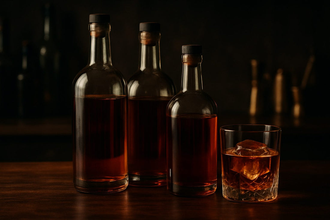 Premium rye whiskey bottles and a glass of neat rye on a dark home-bar counter