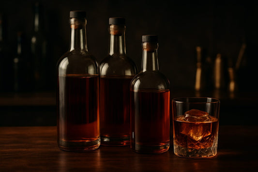 Premium rye whiskey bottles and a glass of neat rye on a dark home-bar counter