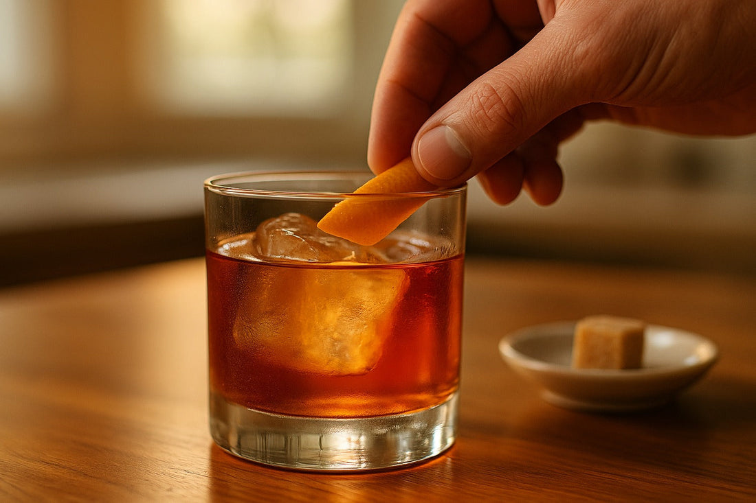 Race Day Old Fashioned cocktail served in a rocks glass on a kitchen counter, warm editorial lighting, with a hand visible in the composition