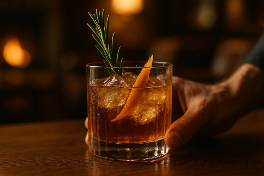 Rosemary Old Fashioned cocktail served in a rocks glass on a lounge, warm editorial lighting, with a hand visible in the composition
