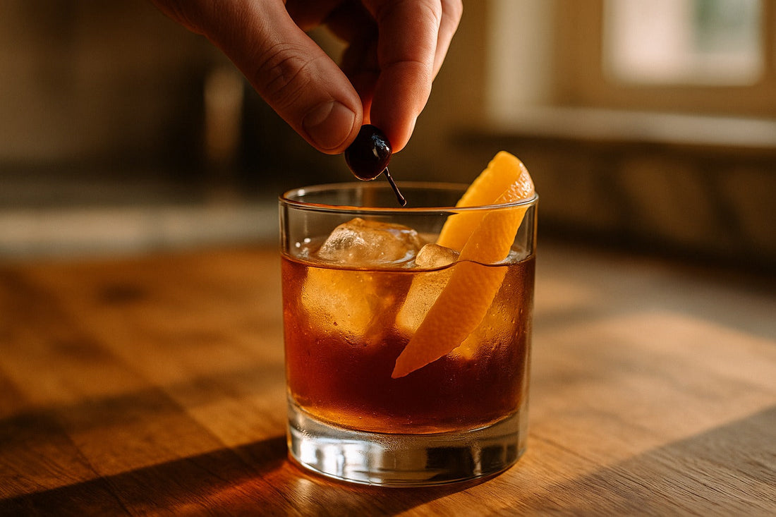 Rum Old Fashioned cocktail served in a rocks glass on a kitchen counter, warm editorial lighting, with a hand visible in the composition