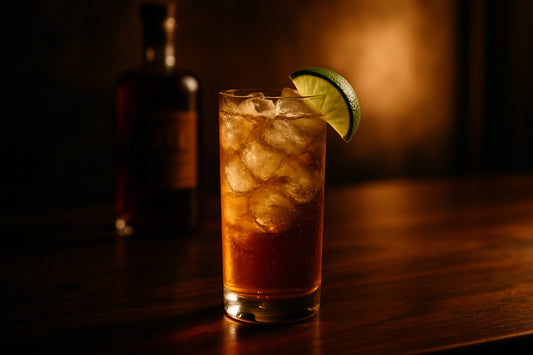 A rye whiskey highball with ginger ale, ice and a lime wedge on a dark bar top