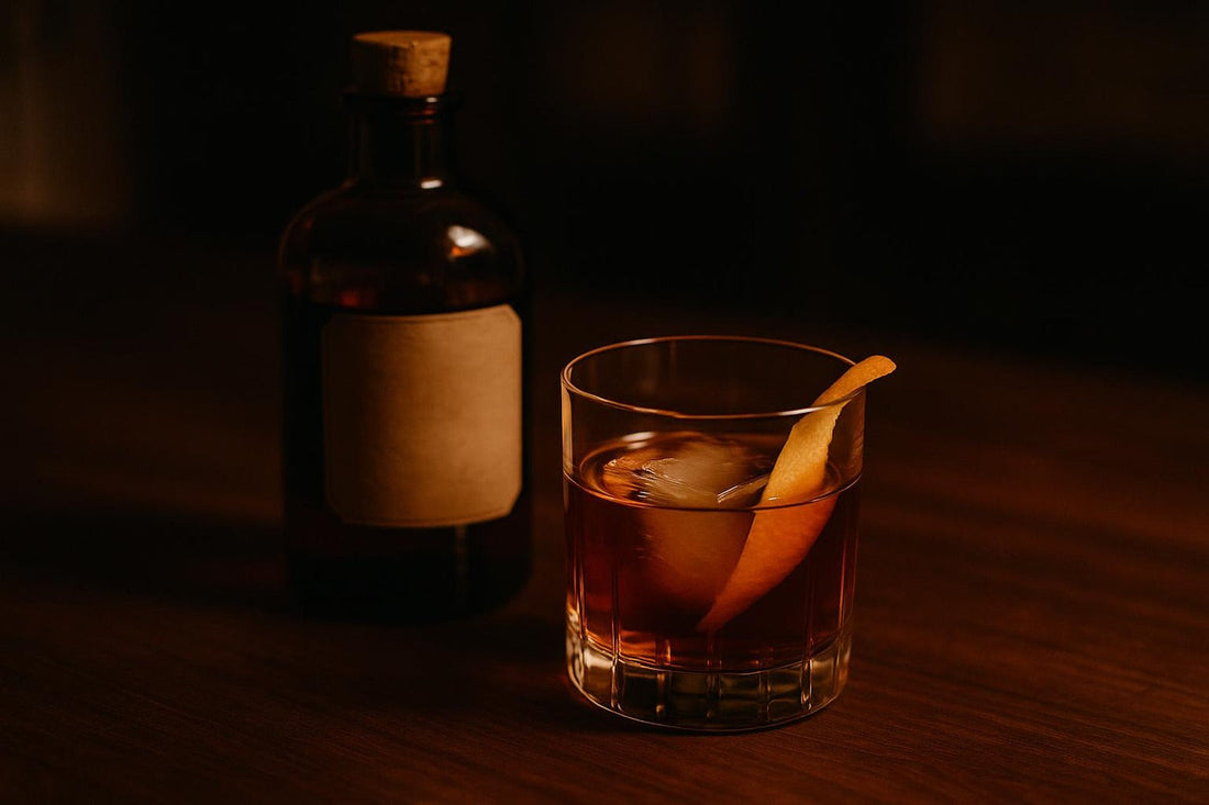 Rye old fashioned in a glass with orange peel next to a bottle of unlabelled rye whiskey