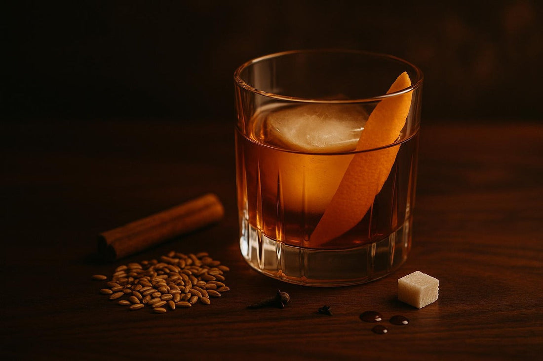Rye Old Fashioned surrounded by flavor components — rye grains, cinnamon, orange, bitters, sugar