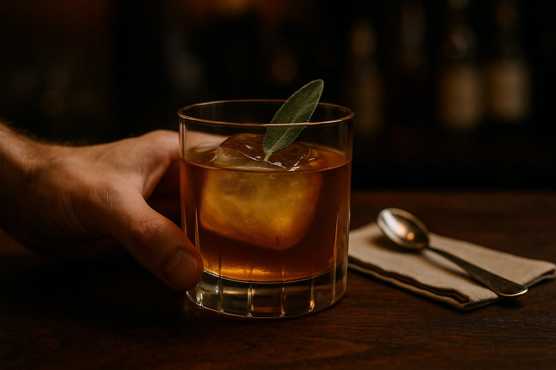 Sage Old Fashioned cocktail served in a rocks glass on a home bar, warm editorial lighting, with a hand visible in the composition
