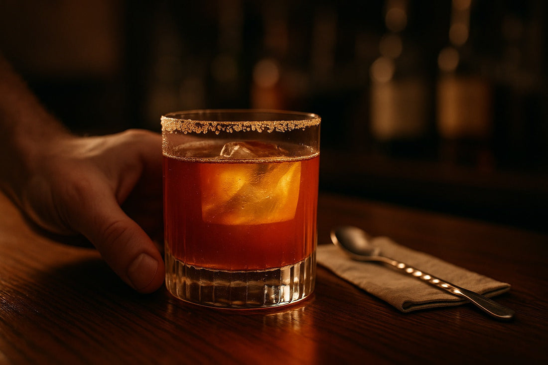 Salted Caramel Old Fashioned cocktail served in a rocks glass on a home bar, warm editorial lighting, with a hand visible in the composition