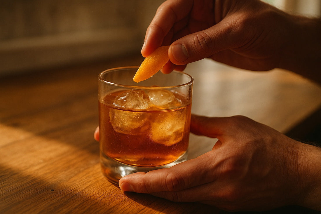 Scotch Old Fashioned cocktail served in a rocks glass on a kitchen counter, warm editorial lighting, with a hand visible in the composition