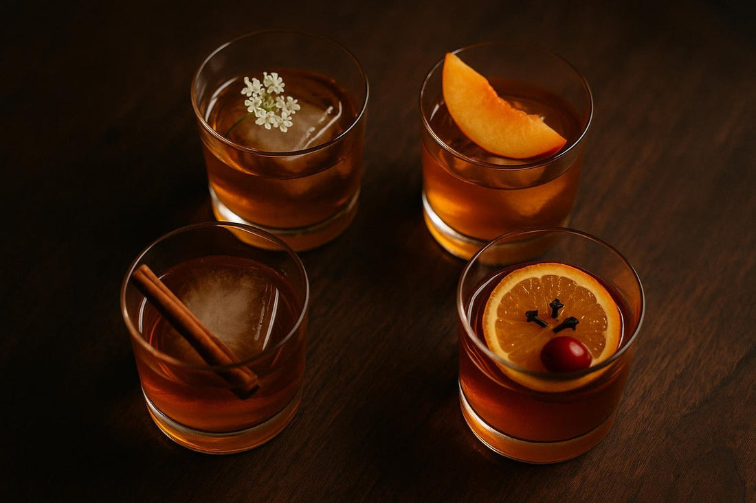 Four seasonal Old Fashioned variations — spring, summer, fall, winter — flat-lay on dark walnut