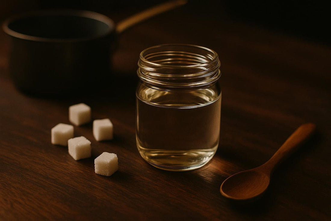 Glass jar of simple syrup with scattered sugar cubes and wooden spoon on dark walnut — simple syrup recipe