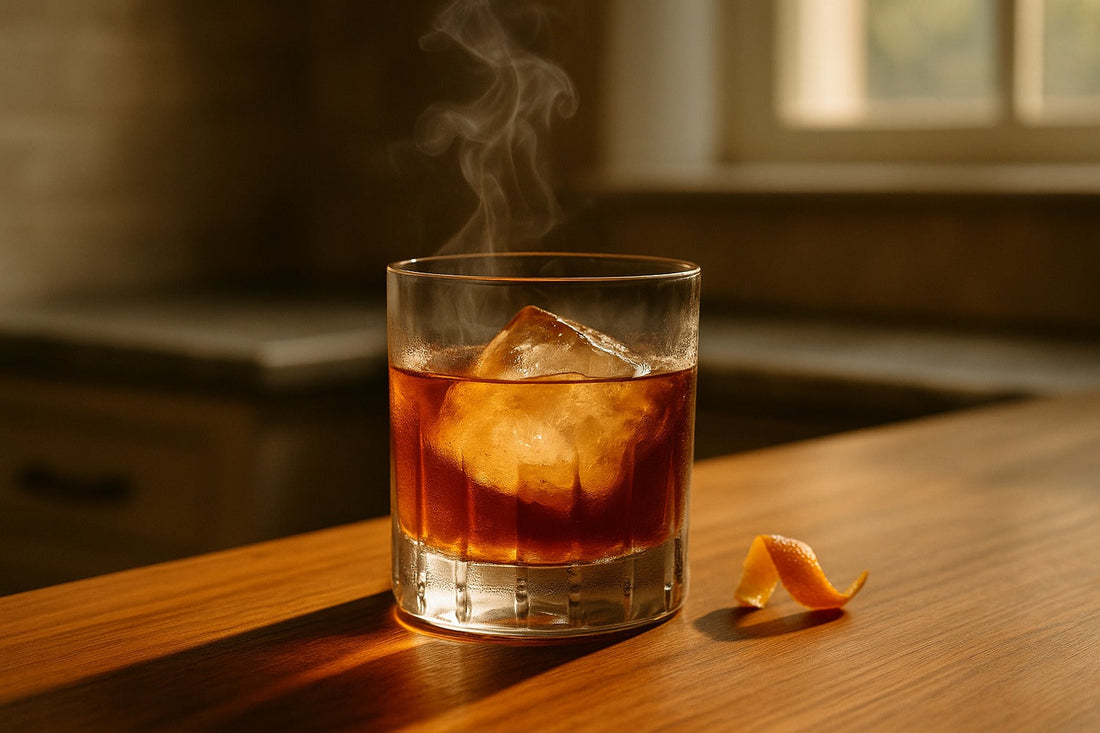 Smoked Old Fashioned cocktail served in a rocks glass on a kitchen counter, warm editorial lighting