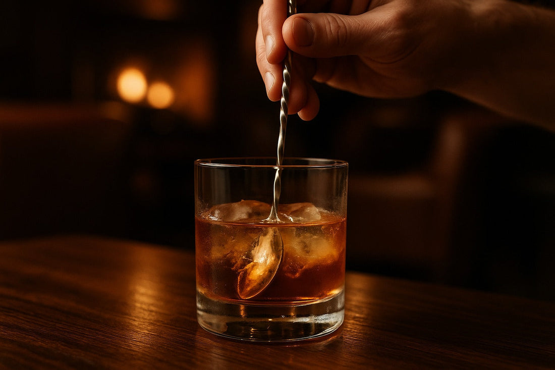Special Occasions Old Fashioned cocktail served in a rocks glass on a lounge, warm editorial lighting, with a hand visible in the composition