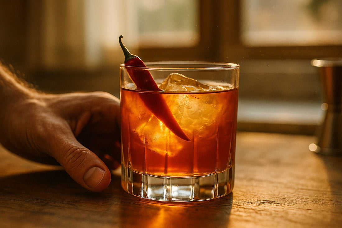 Spicy Old Fashioned cocktail served in a rocks glass on a kitchen counter, warm editorial lighting