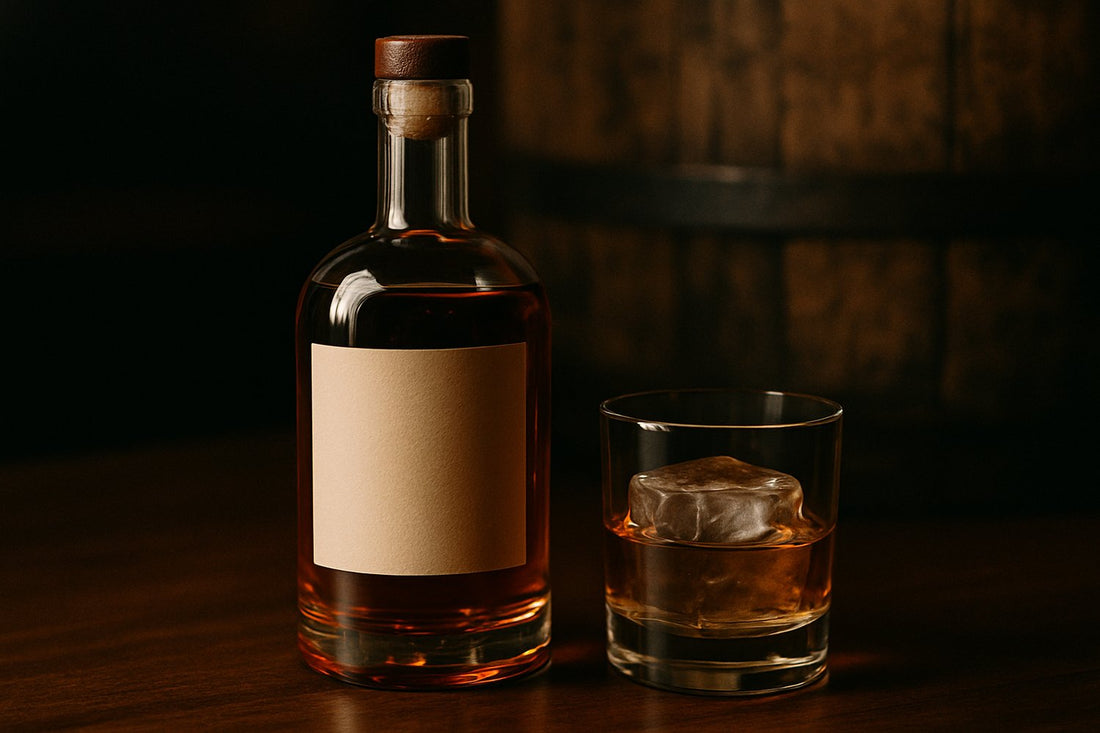 Bottle of American straight rye whiskey on a bar top with a rocks glass