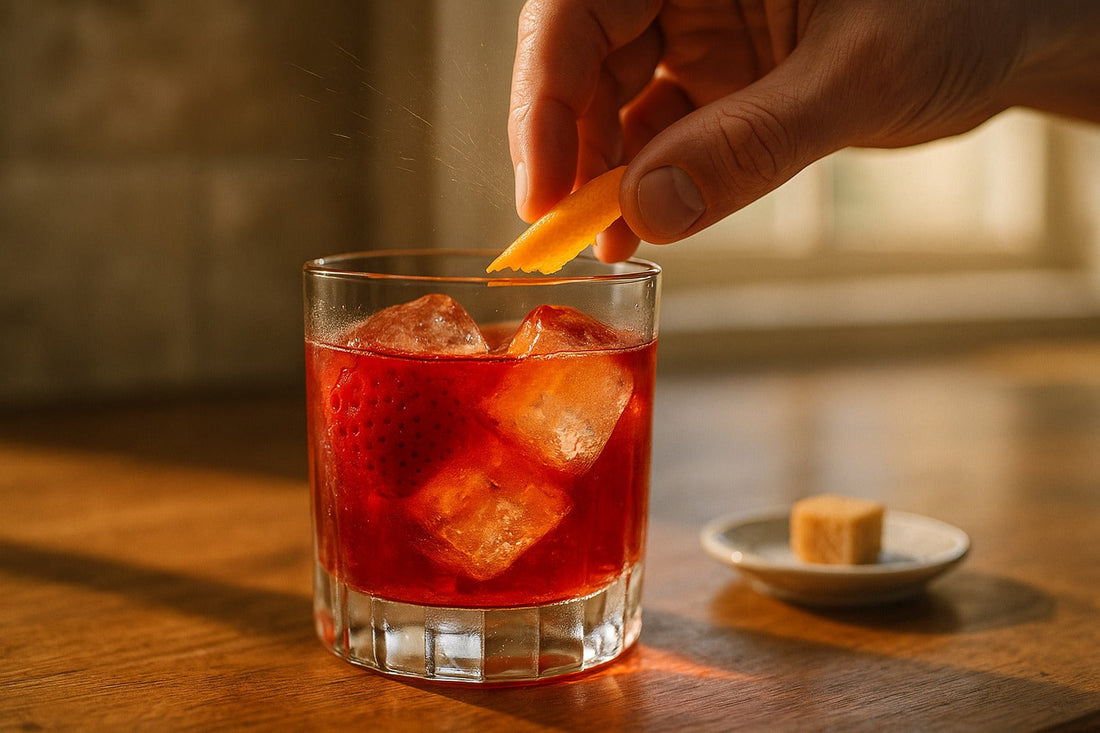 Strawberry Old Fashioned cocktail served in a rocks glass on a kitchen counter, warm editorial lighting, with a hand visible in the composition