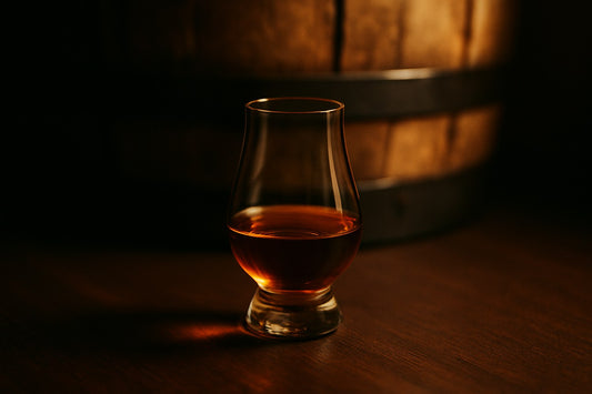 A neat pour of amber rye whiskey in a Glencairn glass beside a charred oak barrel