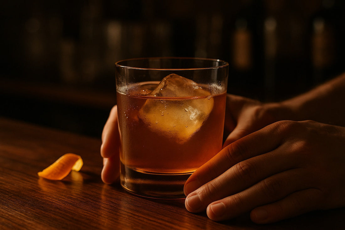 Tequila Old Fashioned cocktail served in a rocks glass on a home bar, warm editorial lighting, with a hand visible in the composition