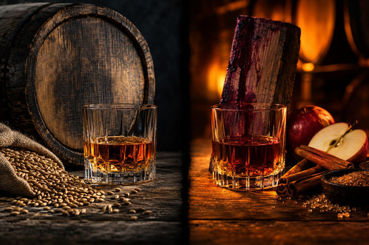 Two glasses of rye whiskey side by side, one beside a charred oak barrel and rye grain, the other beside a wine-stained cask stave, apples and cinnamon