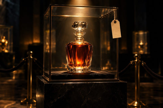 Unlabeled decanter of amber whiskey in a lit museum-style glass case with a blank price tag hanging from it