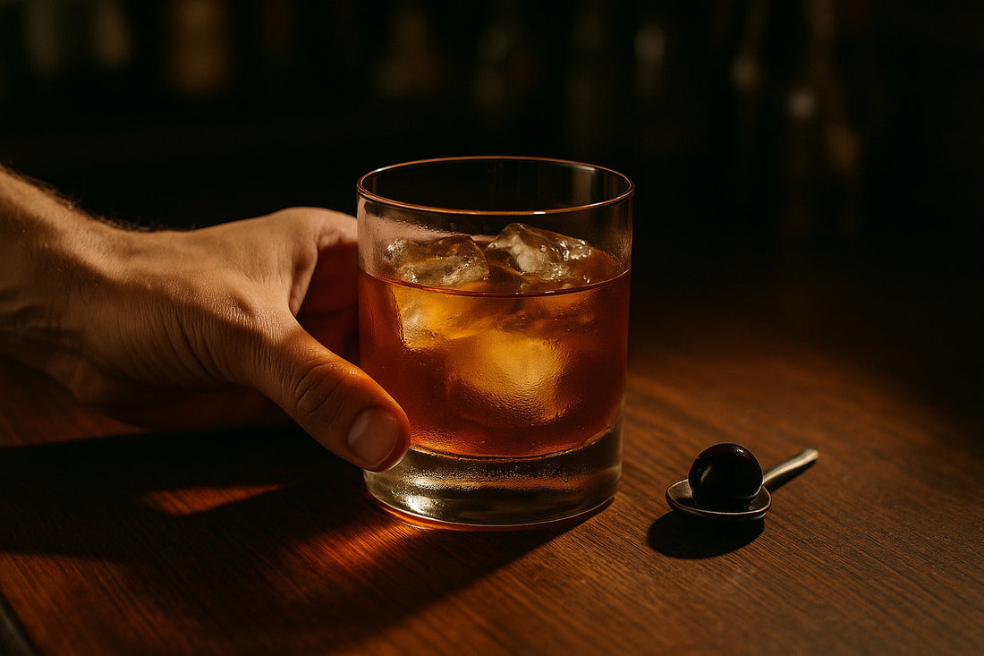 Vanilla Old Fashioned cocktail served in a rocks glass on a home bar, warm editorial lighting, with a hand visible in the composition