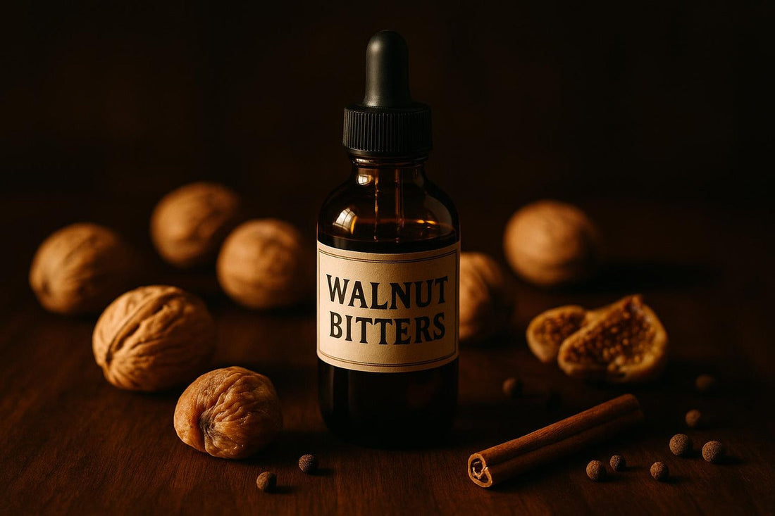 Bottle of walnut bitters with whole walnuts, dried figs, and warm spices on dark walnut