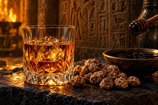 Glass of amber rye whiskey beside tiger nuts and a dish of dark molasses in front of carved Egyptian-style stone