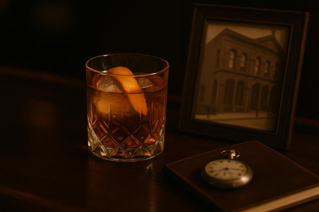 Old Fashioned in a crystal rocks glass beside a vintage club photograph — Pendennis Club origin story