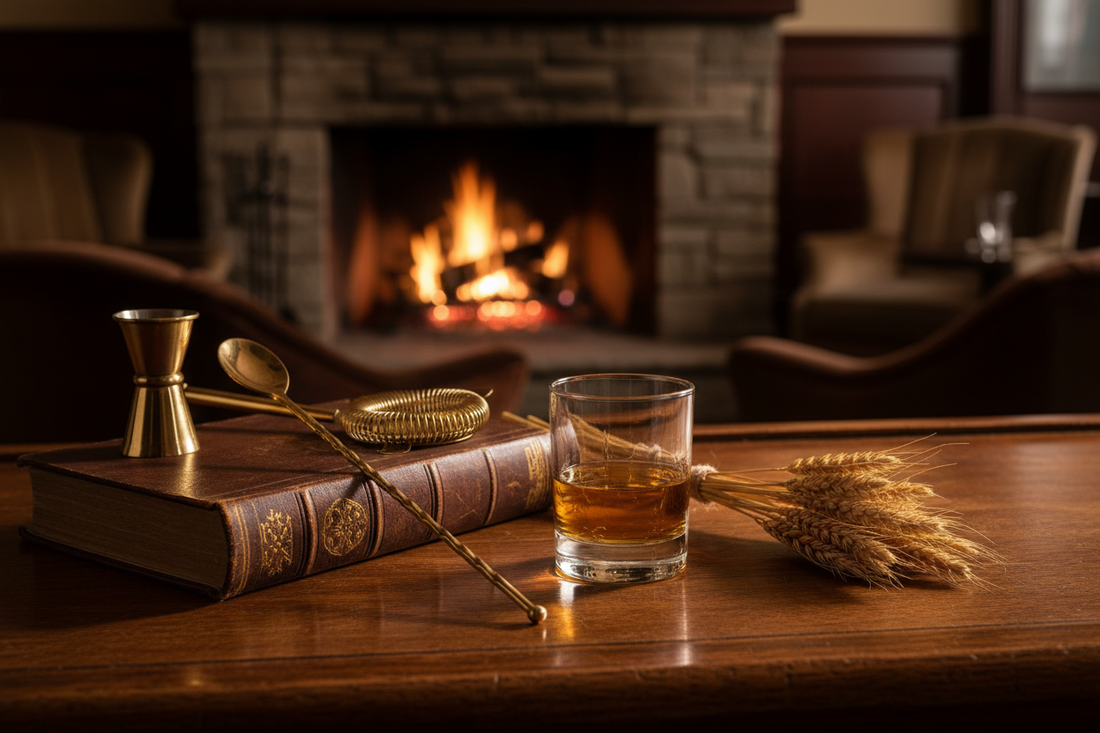 Why do people drink rye whiskey? glass of rye on a table with book and fire in the background