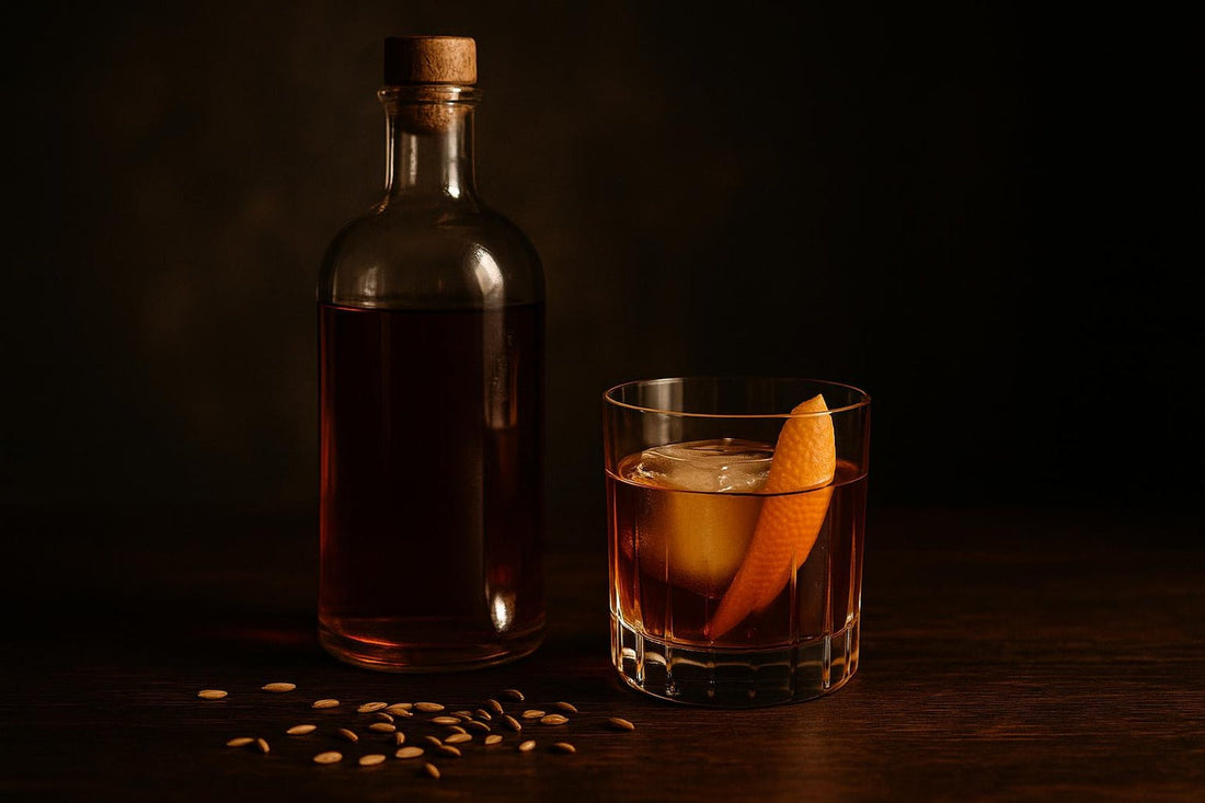 Vintage rye whiskey bottle beside a rye Old Fashioned with rye grains scattered — why rye is traditional