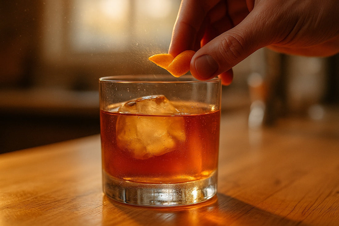 Winter Old Fashioned cocktail served in a rocks glass on a kitchen counter, warm editorial lighting, with a hand visible in the composition