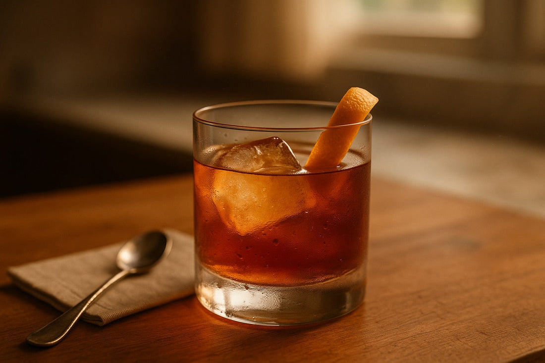 Wisconsin Old Fashioned cocktail served in a rocks glass on a kitchen counter, warm editorial lighting