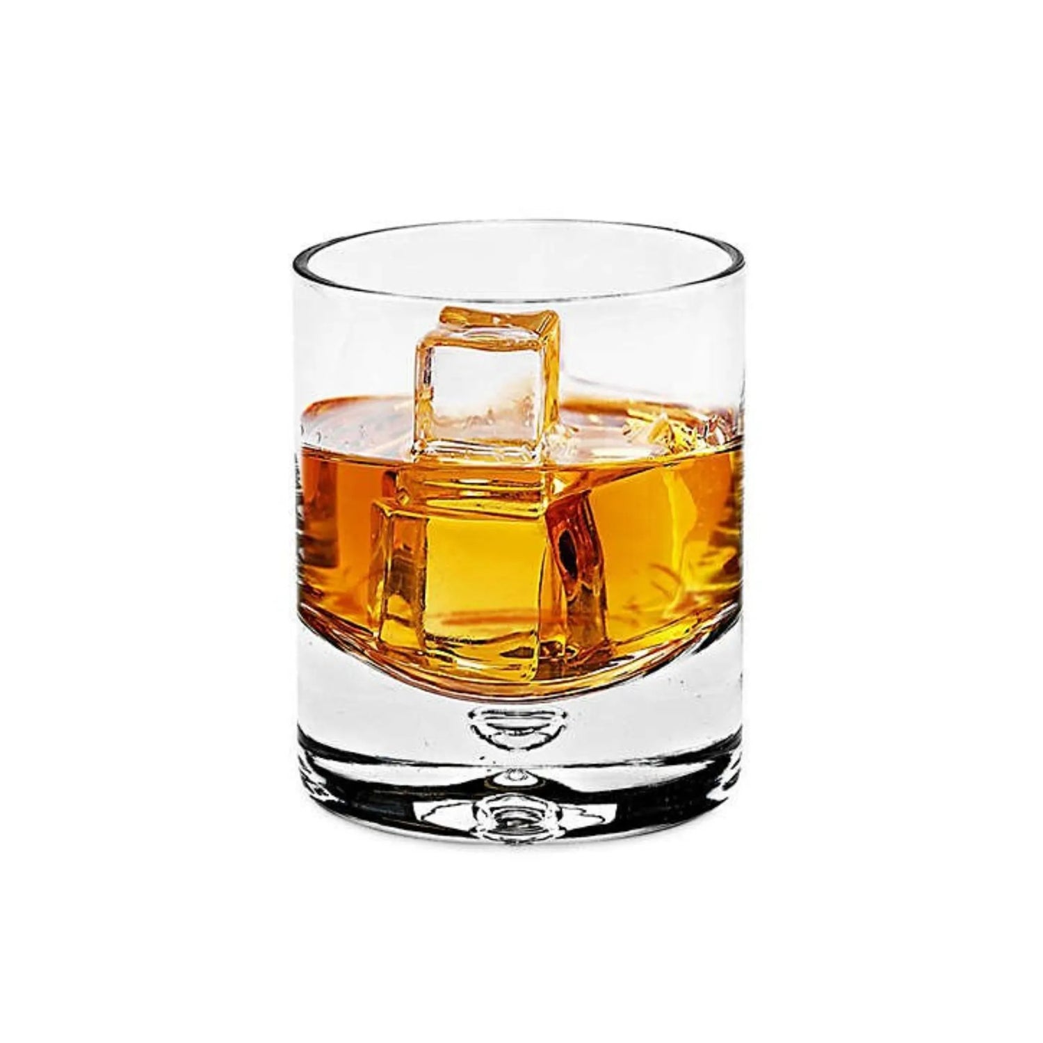 Premium rye whiskey in a glass with clear ice cubes under $100