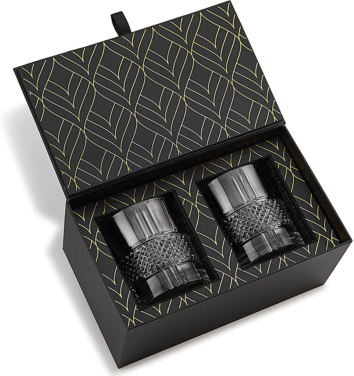 Elegant whiskey glass gift set with two patterned tumblers in a black box.